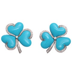 Impressive Turquoise Diamond Gold Clover Earrings 1