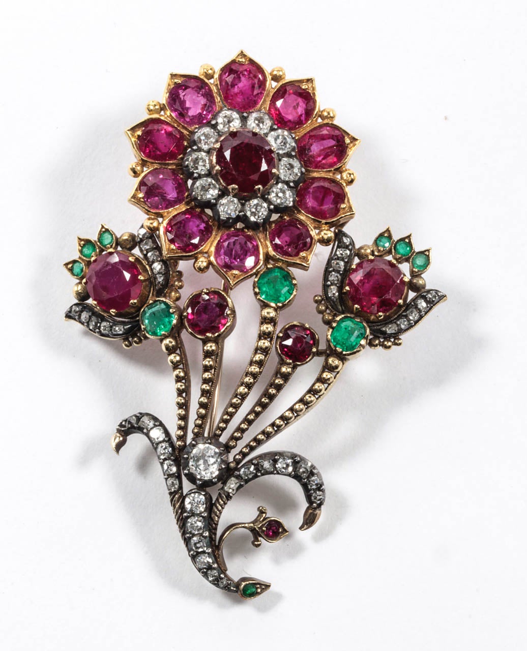 Ruby Emerald Diamond Gold Flower Pin