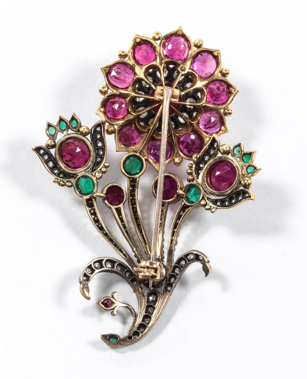Victorian Ruby Emerald Diamond Gold Flower Pin For Sale