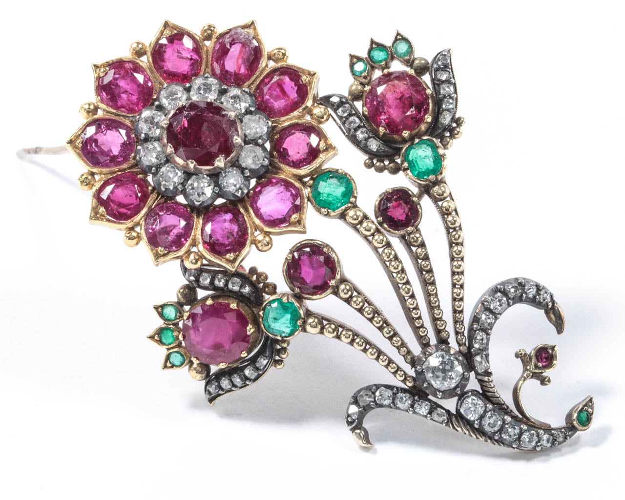 Ruby Emerald Diamond Gold Flower Pin In Excellent Condition For Sale In New York, NY