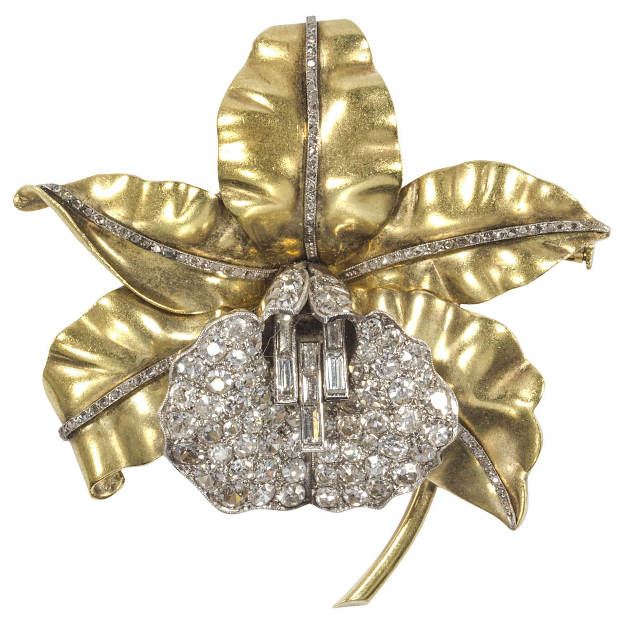 French Diamond Gold Flower Pin For Sale