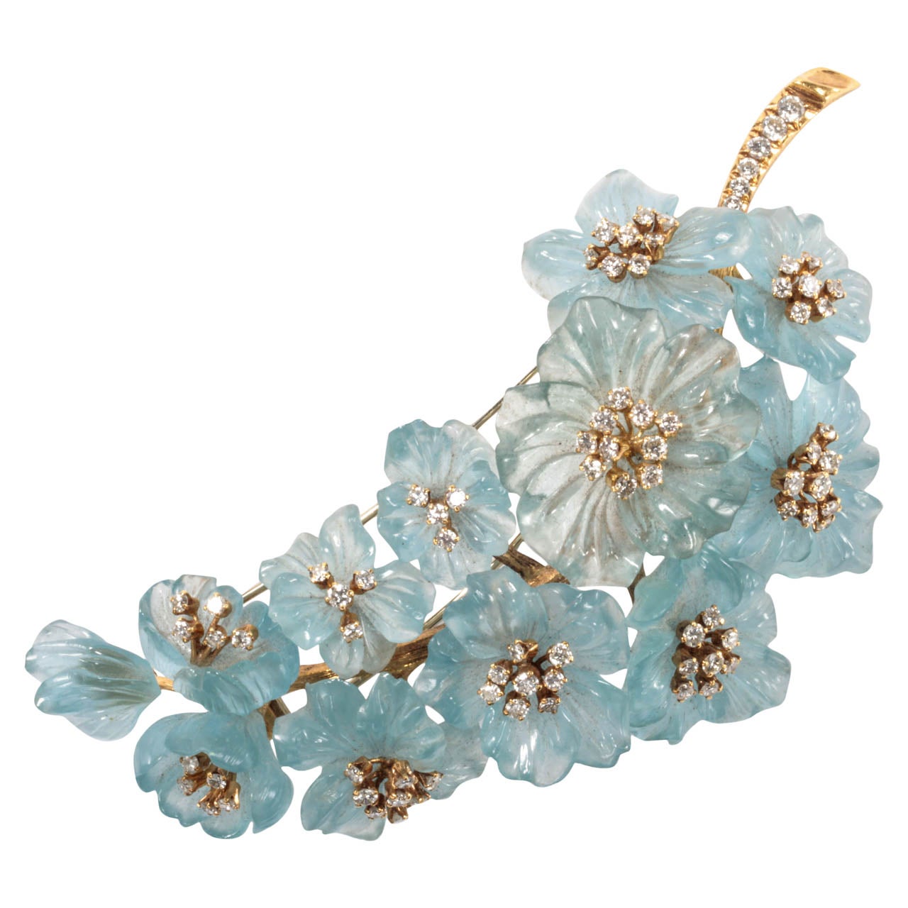 Carved Aquamarine Diamond Gold Flower Pin For Sale