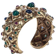 Emerald Ruby Sapphire Diamond Hammered Gold Cuff by Demner