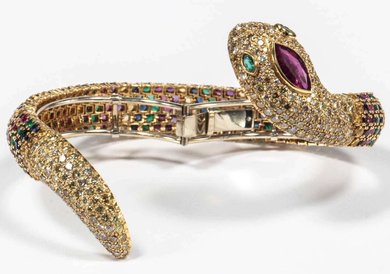 Women's Multi Gem-Set Gold Snake Bangle by Demner For Sale