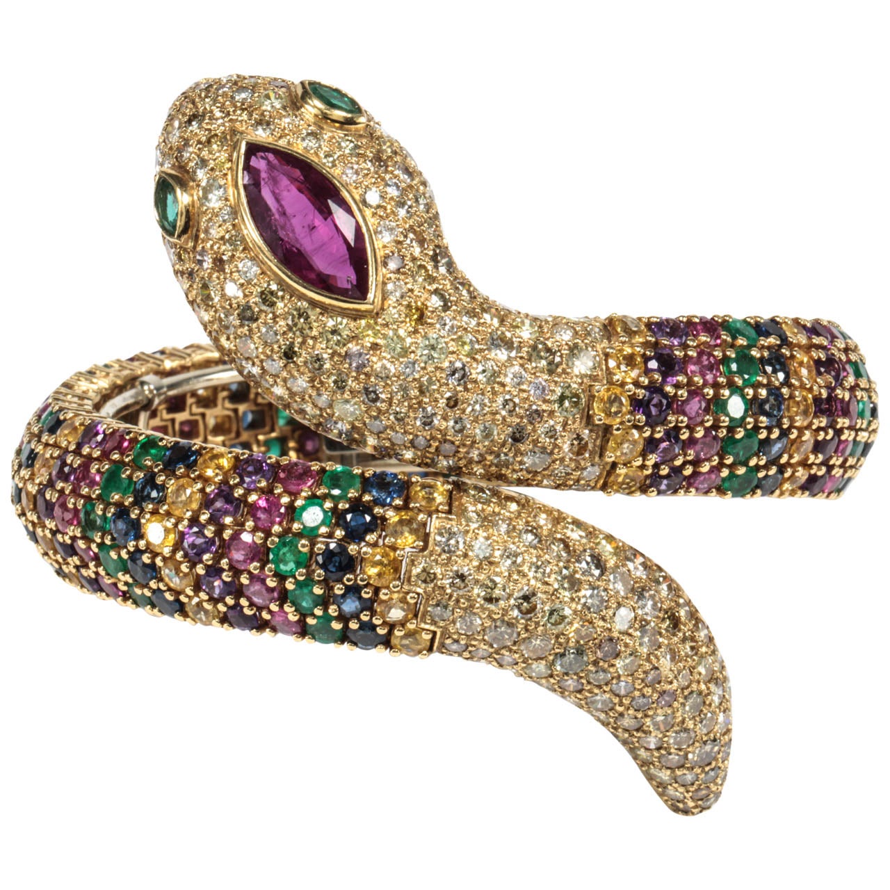 Multi Gem-Set Gold Snake Bangle by Demner For Sale