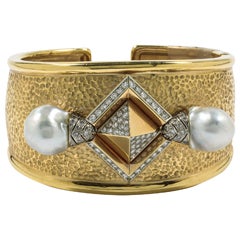 Cultured Pearl Diamond gold Bangle bracelet