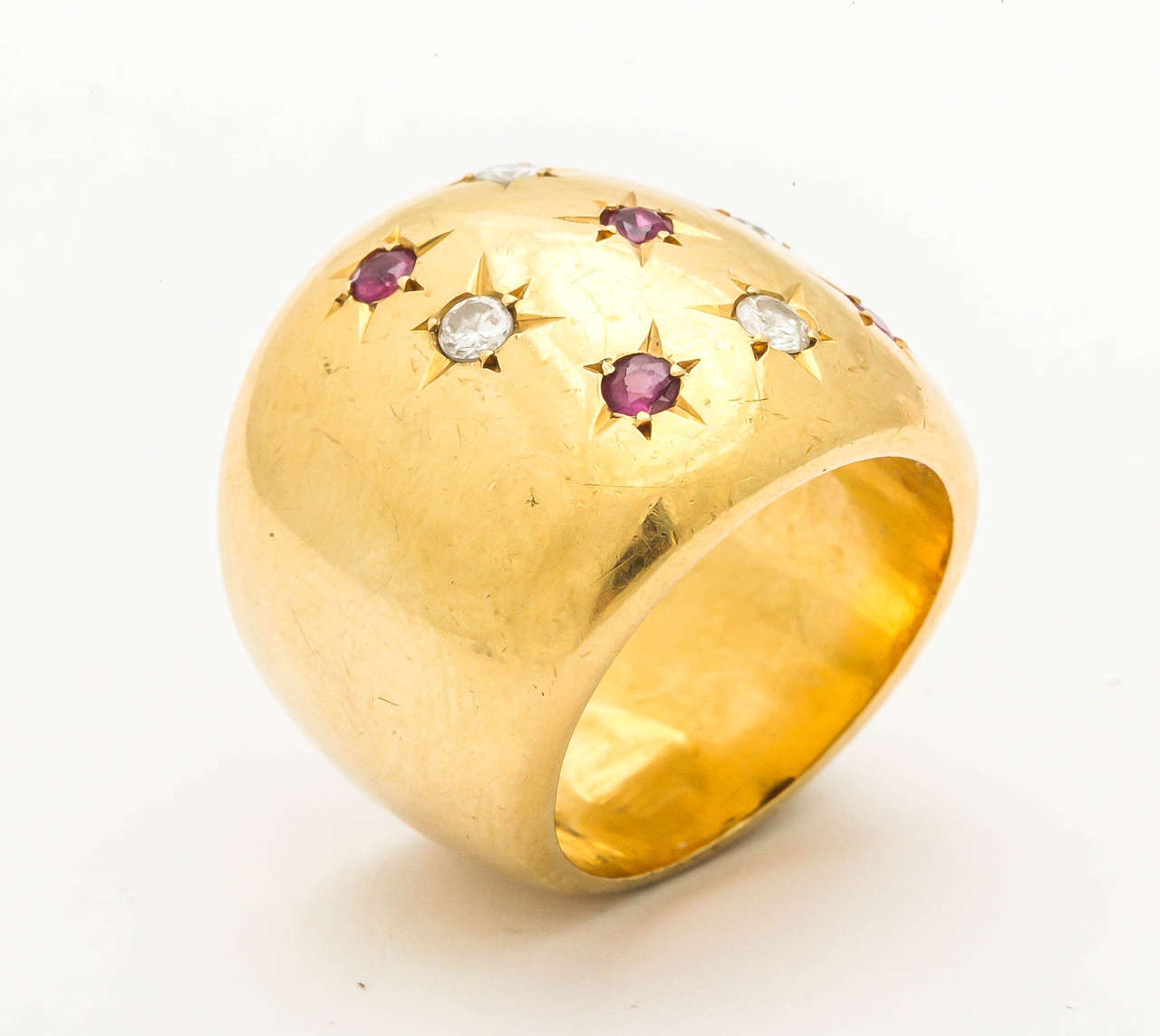 1940s Ruby Diamond Gold Wide Band Star Pattern Ring 1