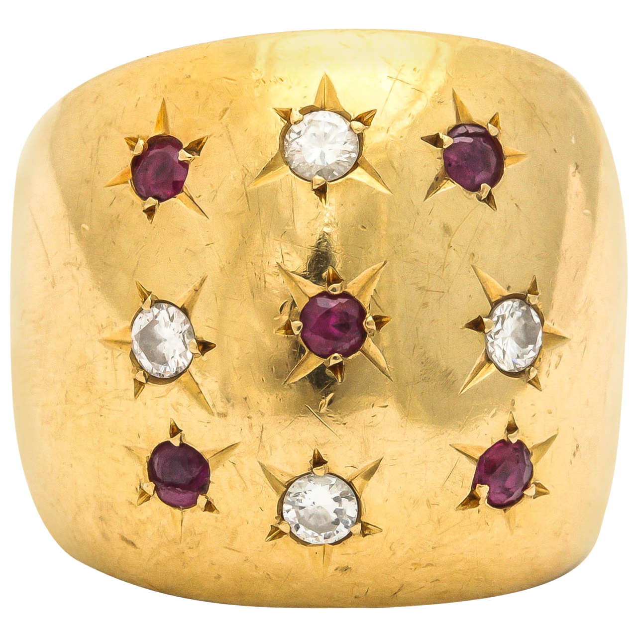1940s Ruby Diamond Gold Wide Band Star Pattern Ring