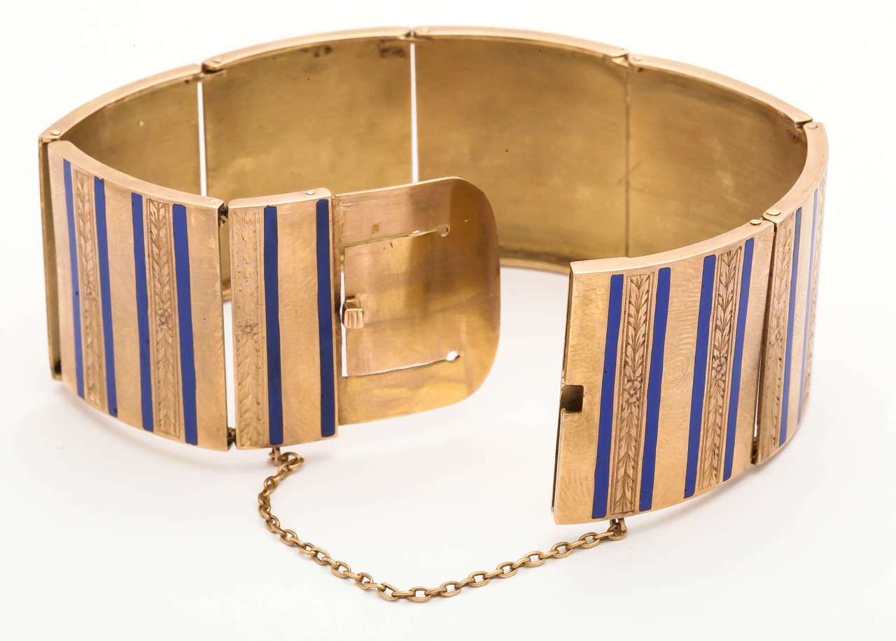 Women's 1880s Periwinkle Blue Striped Enamel Gold Flexible Bangle Bracelet