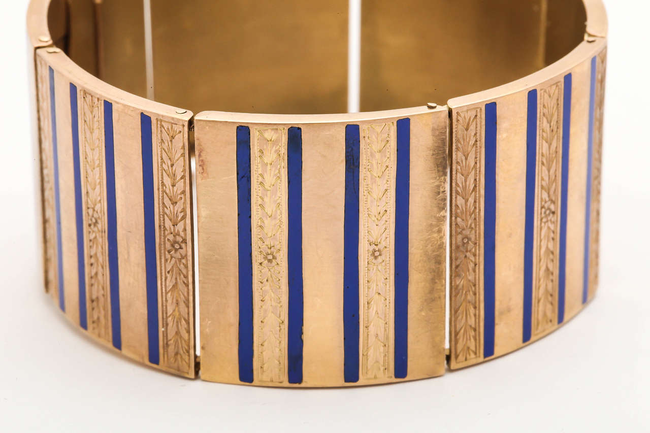 1880s Periwinkle Blue Striped Enamel Gold Flexible Bangle Bracelet 1