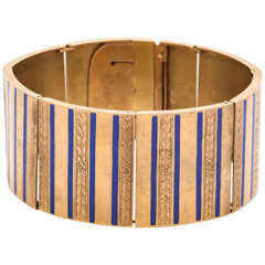 1880s Periwinkle Blue Striped Enamel Gold Flexible Bangle Bracelet