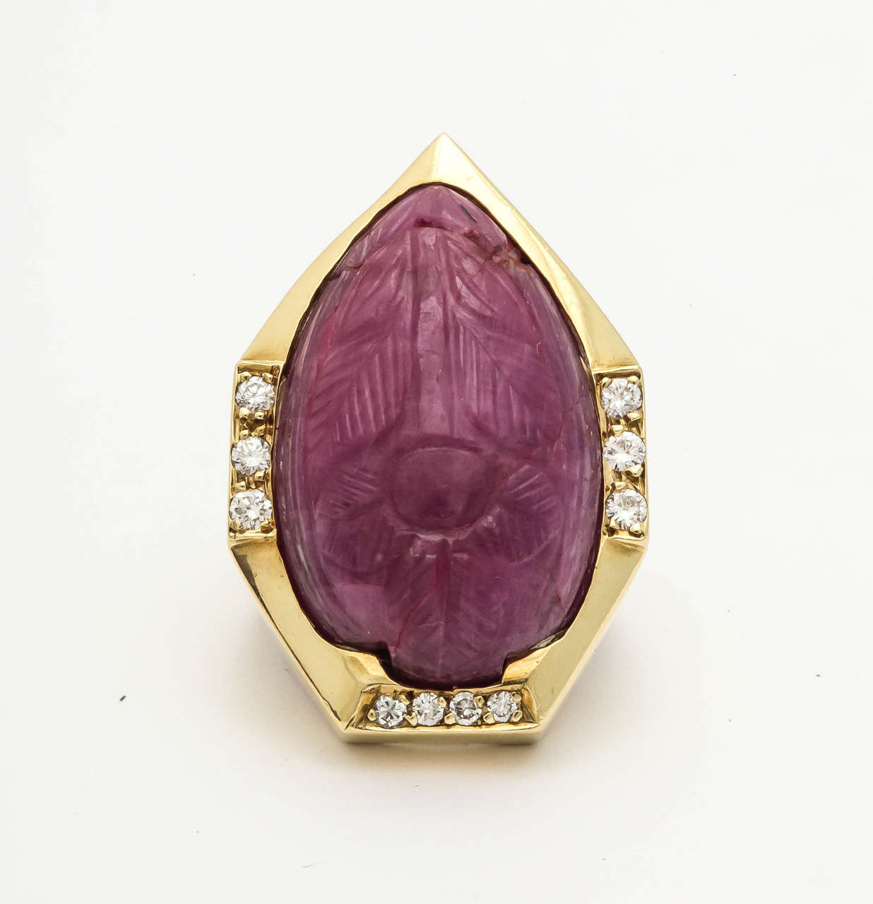1960s Carved Large Ruby High Polished Beveled Gold Cocktail Ring