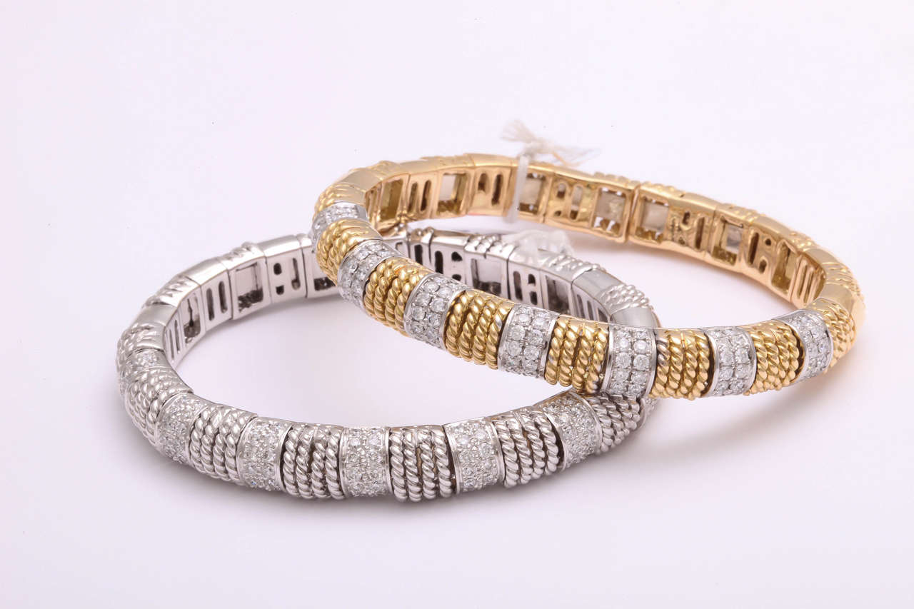 18k white and yellow gold mesh bracelets featuring 2.20 carats in each. 
Can be sold separately. 
Pricing is for one bracelet.