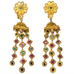 1970's Yellow Gold, Diamond, Ruby, Sapphire and Emerald Earrings