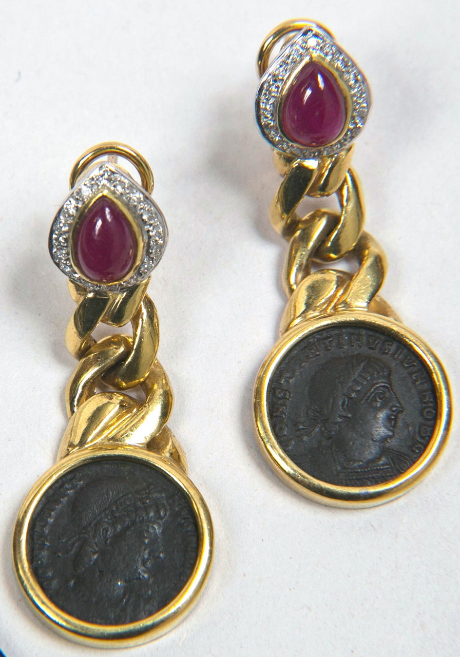 Pair of 1940's Italian Earring with ancient Roman Coins, Rubies
and Diamonds.