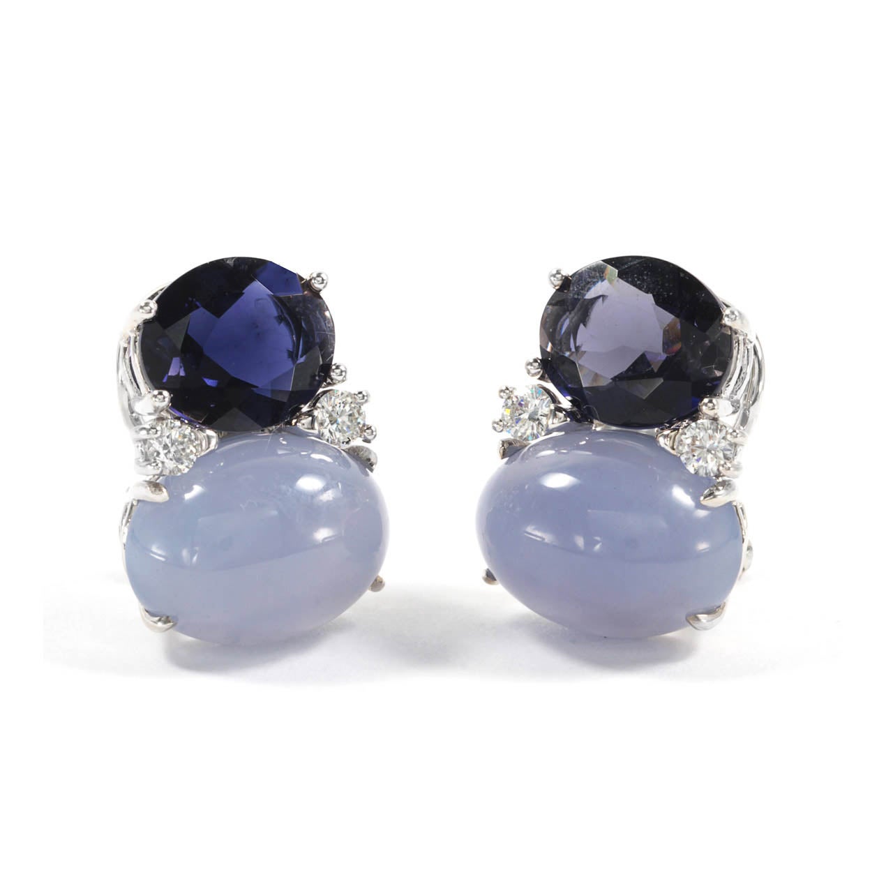 Christina Addison bespoke Large 18kt white gold  GUM DROP™ earrings with iolite (approximately 5 cts each), chalcedony cabochon (approximately 12 cts each), and 4 diamonds weighing 0.60 cts. 

Specifications: Height: 7/8