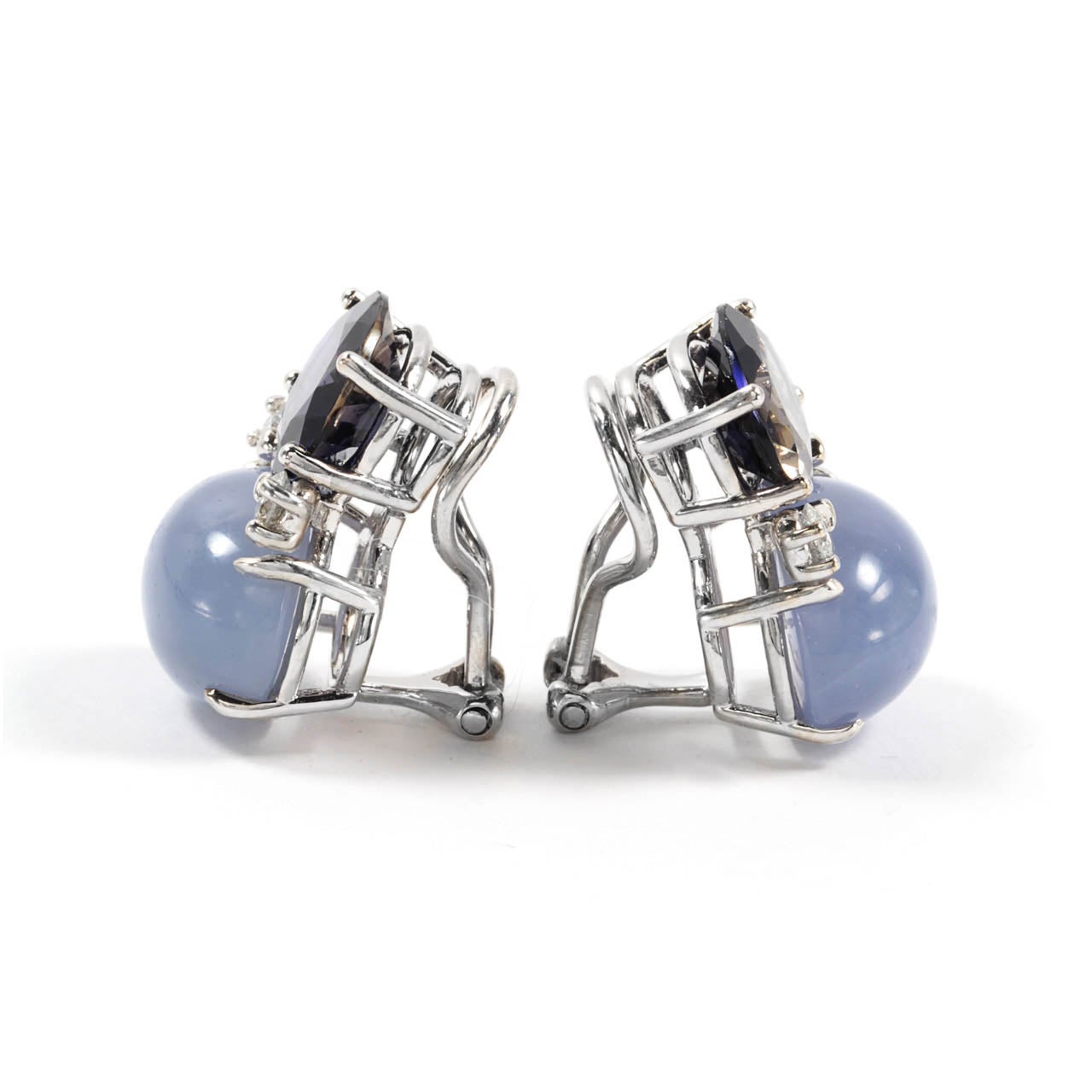 Oval Cut Large GUM DROP Earrings with Iolite and Cabochon Chalcedony and Diamonds For Sale