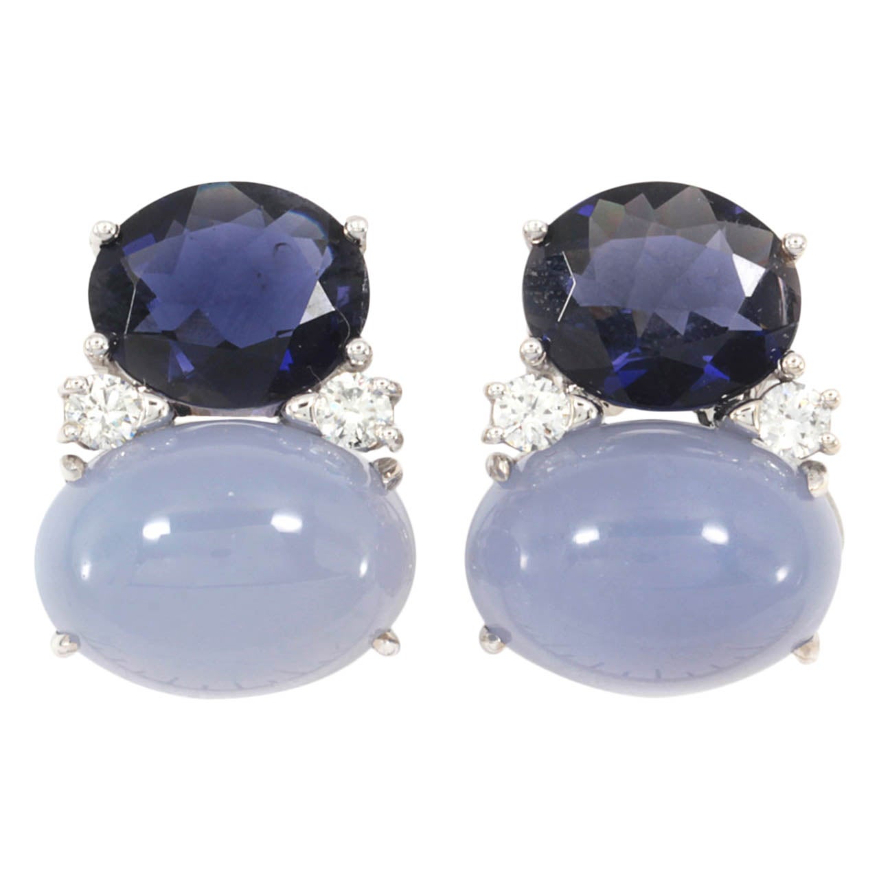 Large GUM DROP™ Earrings with Iolite and Cabochon Chalcedony and Diamonds For Sale
