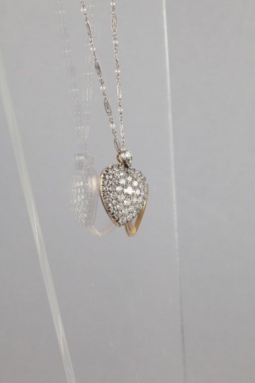 Old European Cut Victorian 4.25 Ct. Diamond, Silver, Gold Heart Locket On Platinum & Pearl Chain For Sale