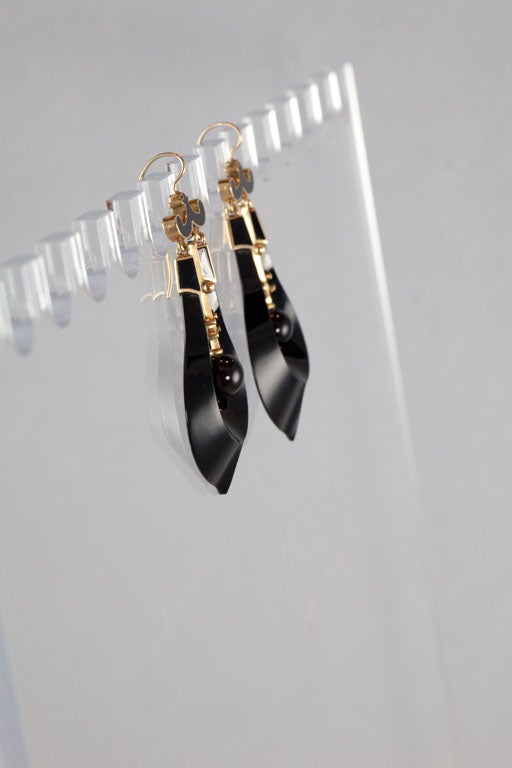 Women's Victorian Black Enamel Onyx Gold Earrings For Sale