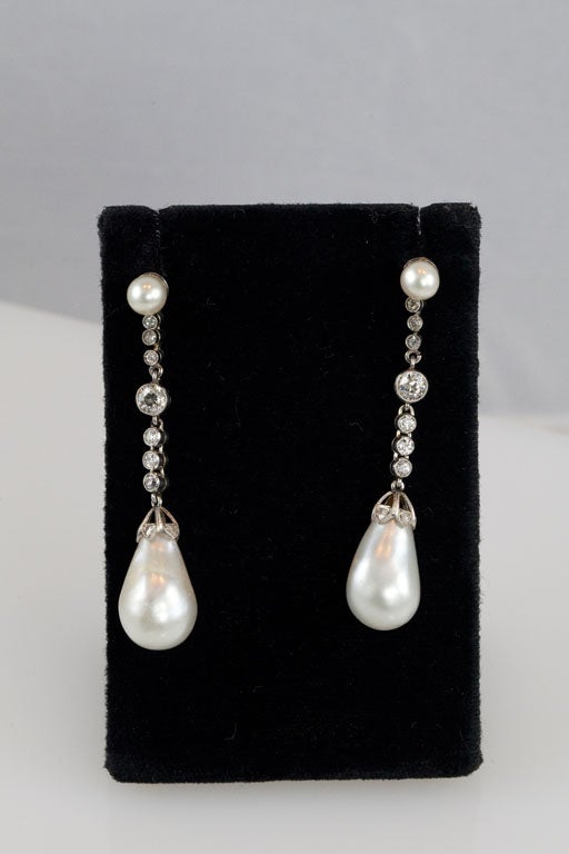 Women's Edwardian Platinum, Diamond & Natural Pearl Earrings For Sale