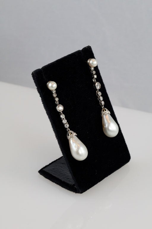 Edwardian Platinum, Diamond & Natural Pearl Earrings For Sale 1