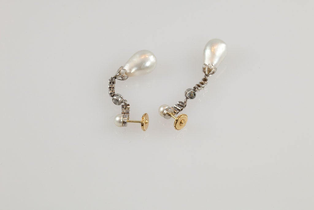 Edwardian Platinum, Diamond & Natural Pearl Earrings For Sale 2