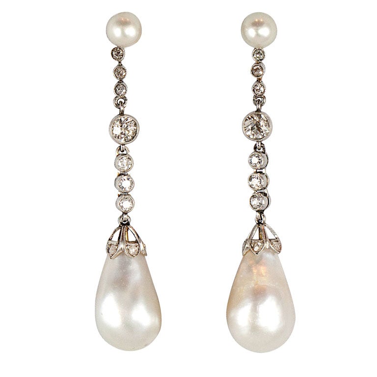 Edwardian Platinum, Diamond & Natural Pearl Earrings For Sale