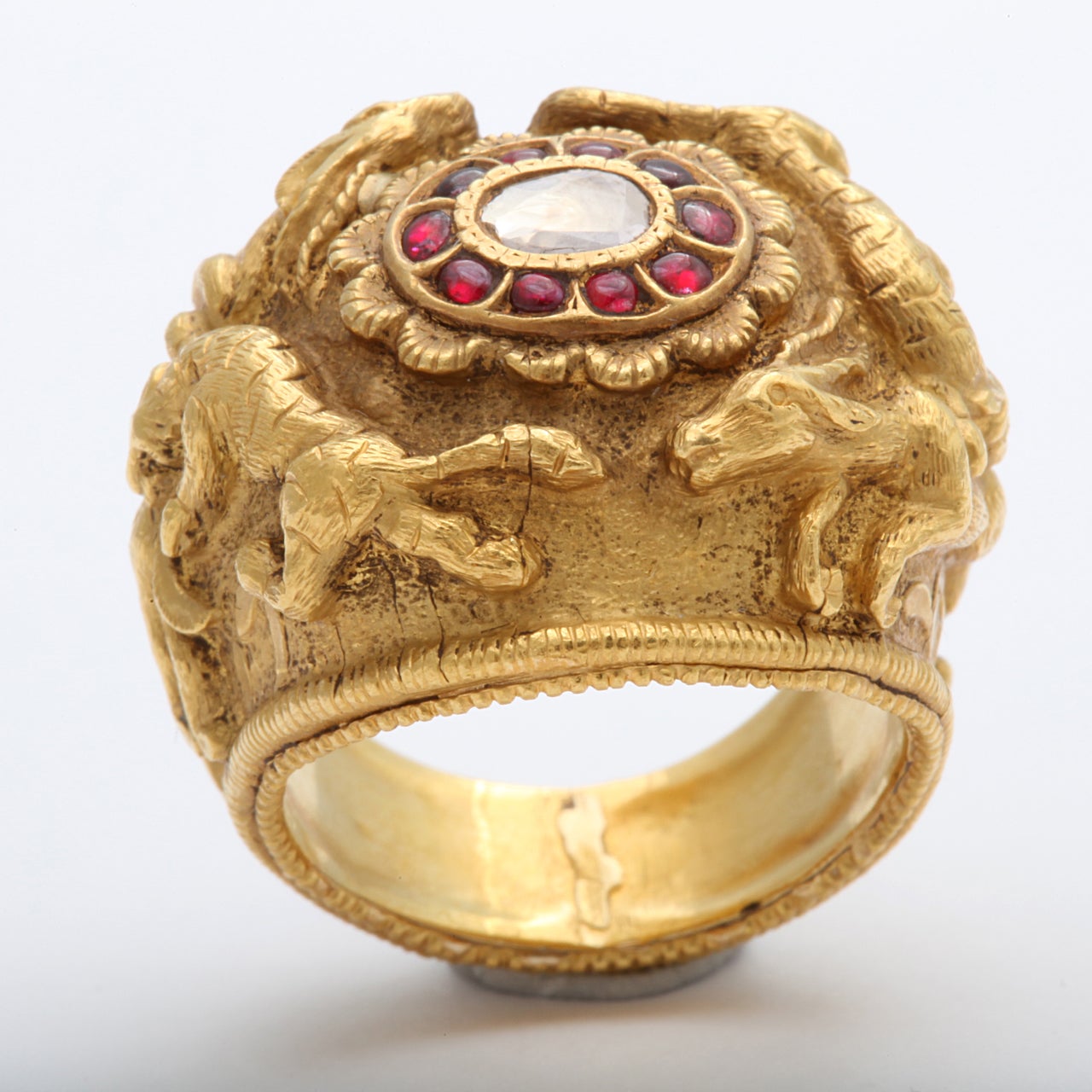 Massive Indian Ring - Moghul Style set with Tigers marauding Wildlife.  Size 9