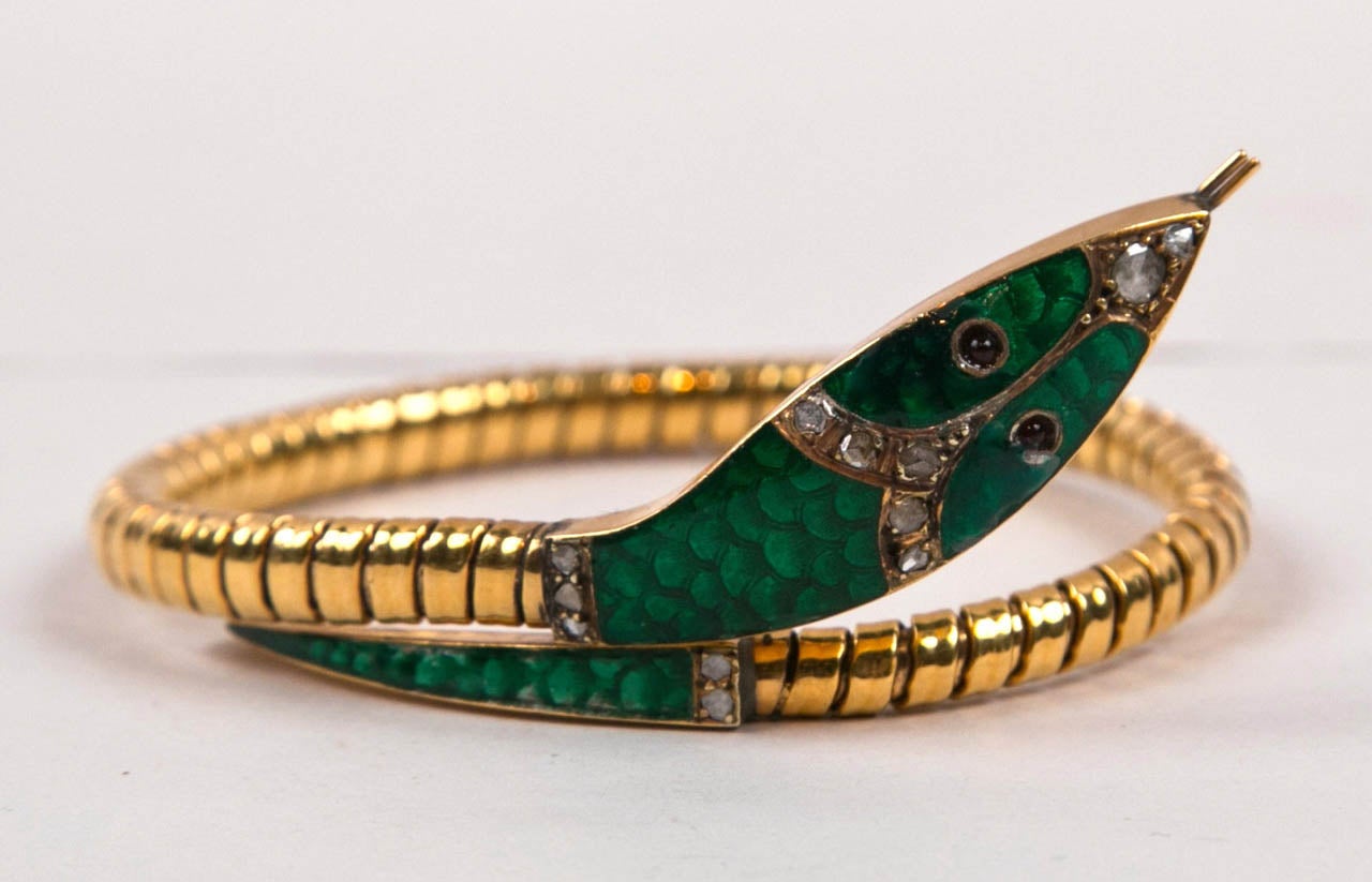 Victorian Gold and Enamel Serpent Bracelet with Diamond and Rubies Presented by Carol Marks