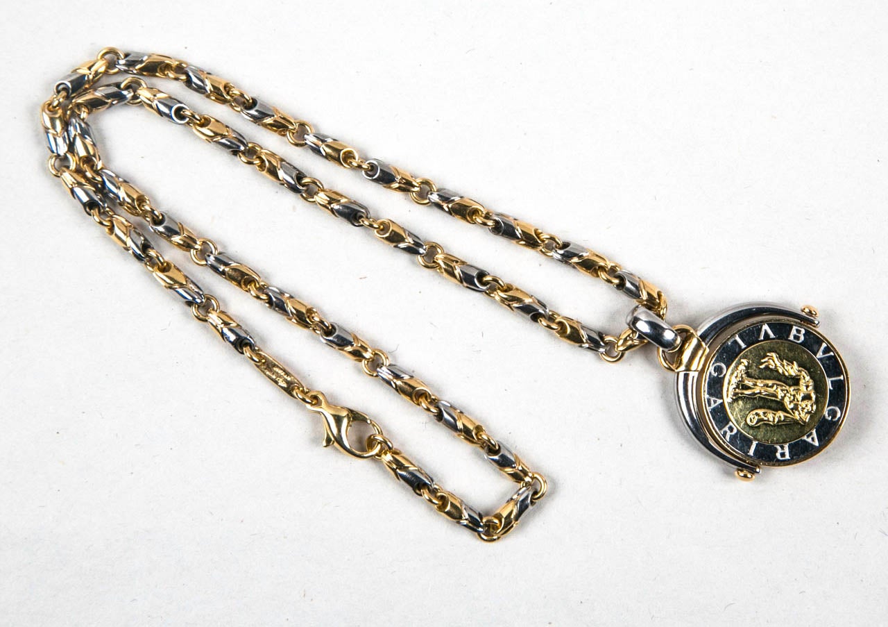 1990's Rare Aquarius Bulgari Zodiac Pendant Necklace 18k Gold and Steel with original box