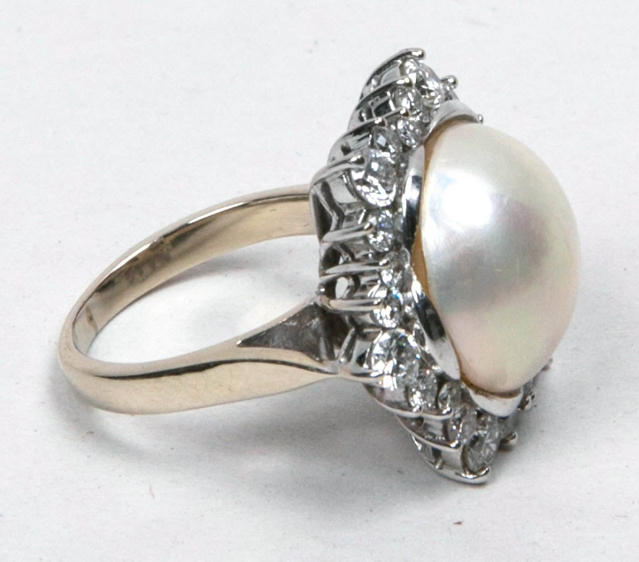 15mm Mobe Pearl Ring with Surrounded Diamonds Set In White Gold Presented by Thought Agency In Excellent Condition In St.amford, CT