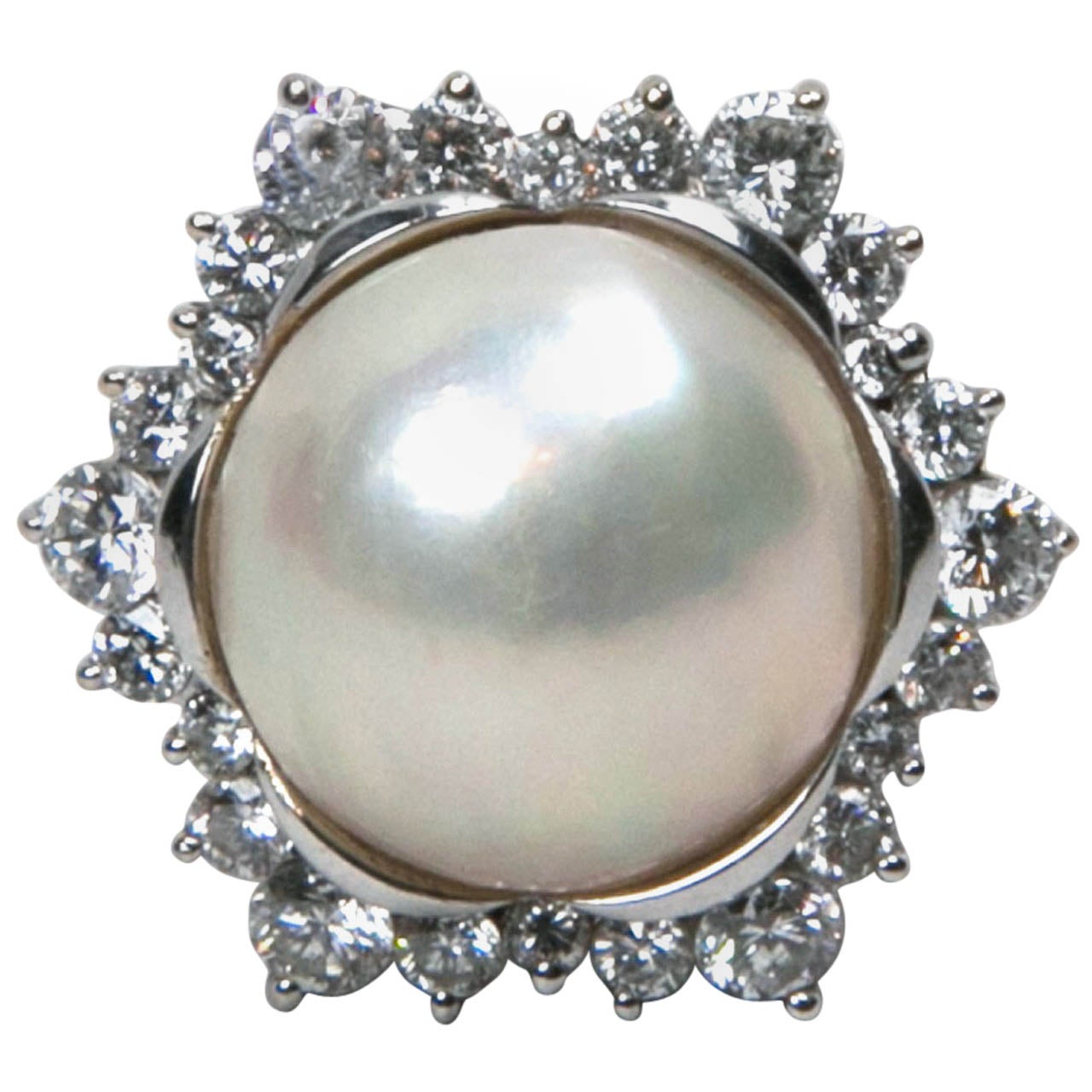 15mm Mobe Pearl Ring with Surrounded Diamonds Set In White Gold Presented by Thought Agency