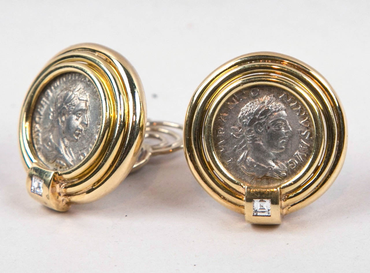 1960s Ancient Greek Coin Diamond Gold Earrings In Excellent Condition In St.amford, CT
