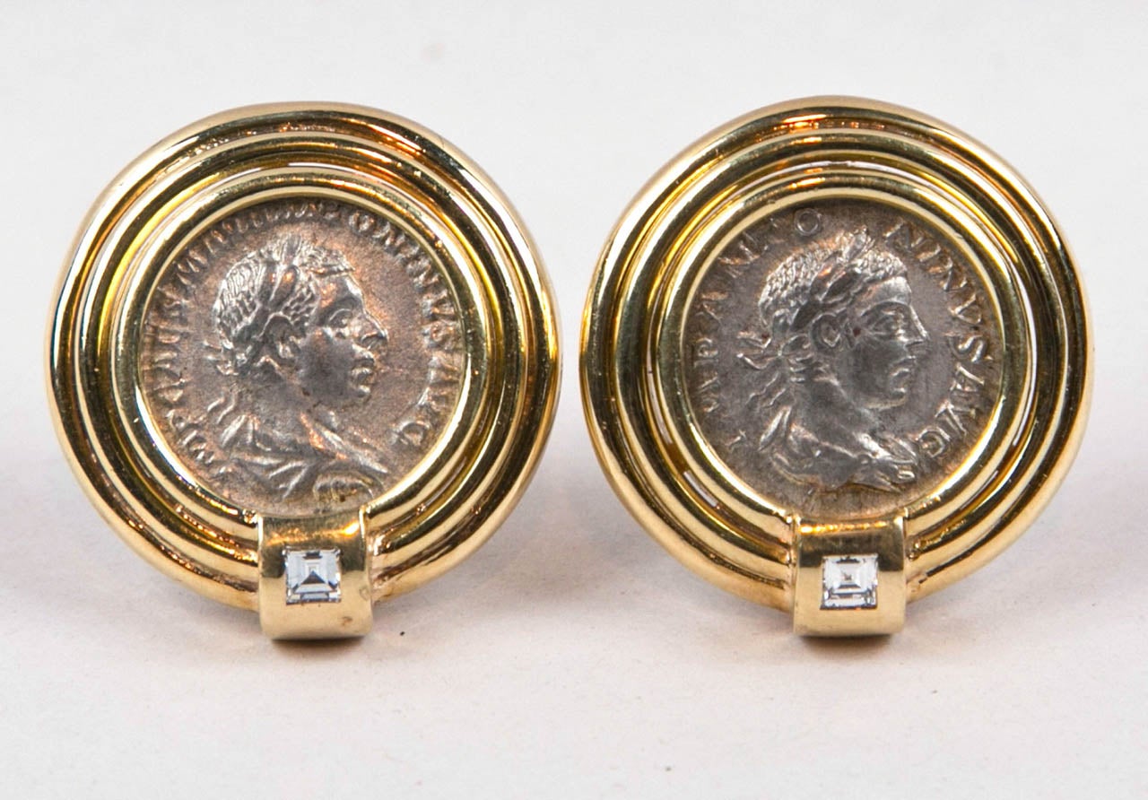 1960's Ancient Greek Coin Earrings set in 18K Gold with Square Cut Diamonds.
Each with a different God.