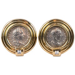 1960s Ancient Greek Coin Diamond Gold Earrings