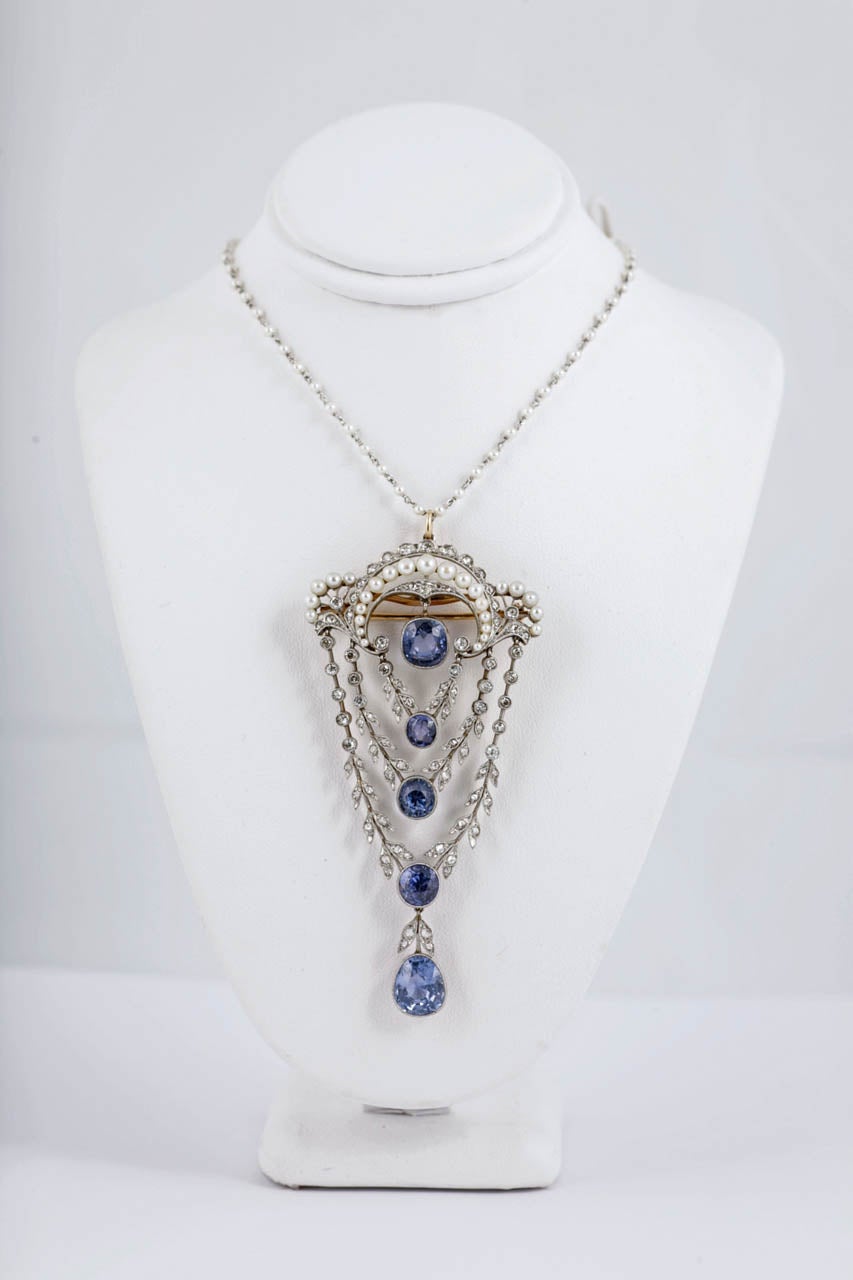 Edwardian Ceylon Sapphire Pearl Diamond Platinum Belle Époque Pendant For Sale 2