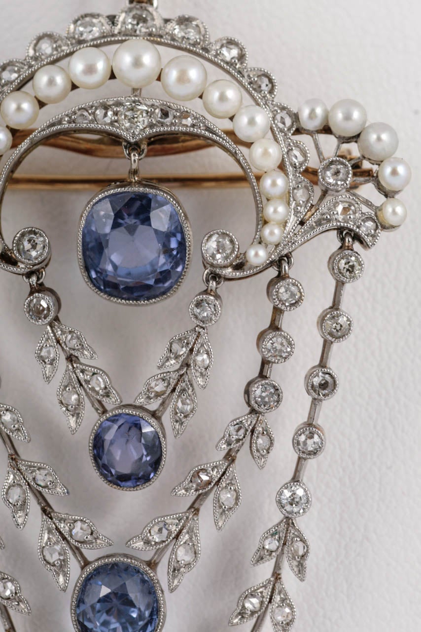 Edwardian Ceylon Sapphire Pearl Diamond Platinum Belle Époque Pendant For Sale 1