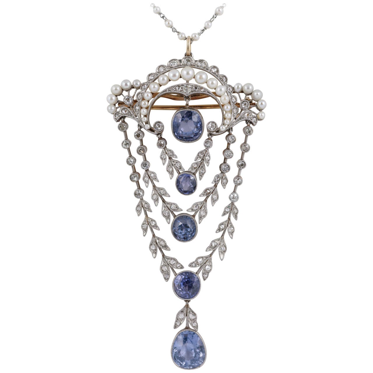 Edwardian Ceylon Sapphire Pearl Diamond Platinum Belle Époque Pendant For Sale
