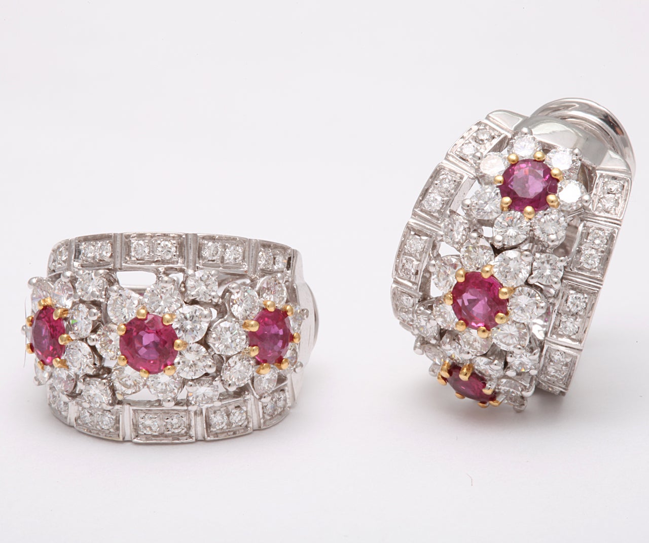 Women's Gorgeous Ruby And Diamond Floral Half Hoop Clip On Earrings