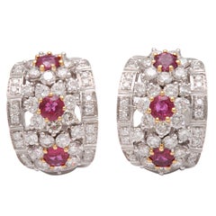 Gorgeous Ruby And Diamond Floral Half Hoop Clip On Earrings