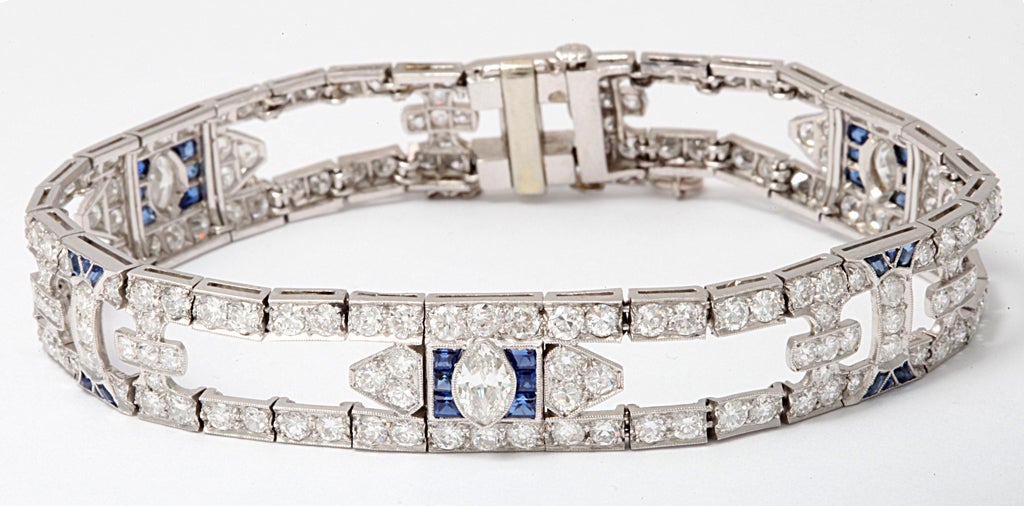 art deco platinum diamond and sapphire flexible bracelet with beautiful high quality diamonds