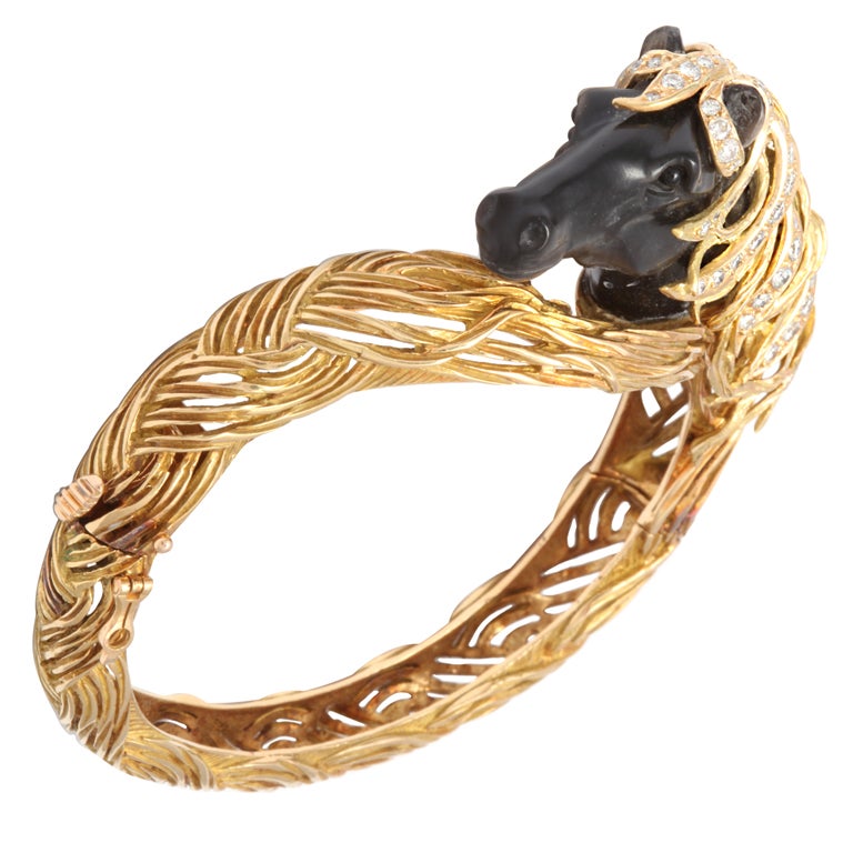 French  gold and diamond "seabiscuit'' horse bangle