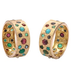 Gold multicolored stone hoop earrings