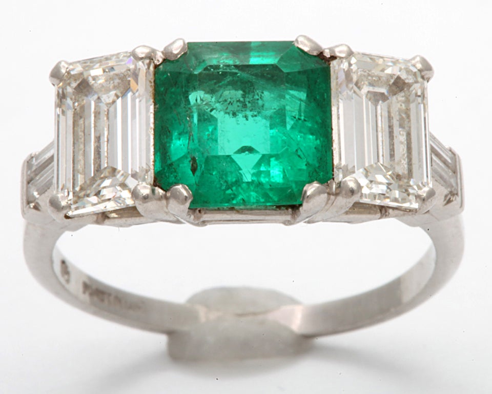 Art Deco Emerald and Diamond 3 Stone Ring
