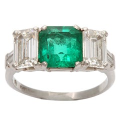 Art Deco Emerald and Diamond 3 Stone Ring