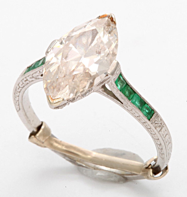 Women's French Deco Marquise Emerald Diamond Engagement Ring  For Sale