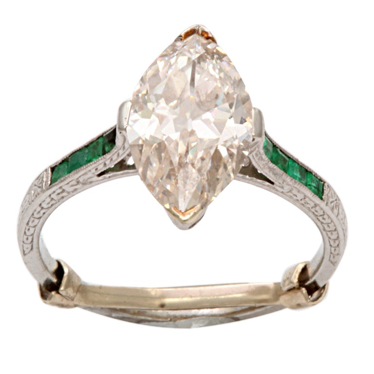 French Deco Marquise Emerald Diamond Engagement Ring  For Sale