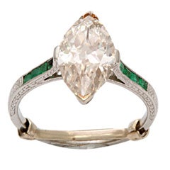 French Deco Marquise Emerald Diamond Engagement Ring 