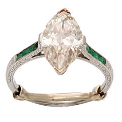 French Deco Marquise Emerald Diamond Engagement Ring
